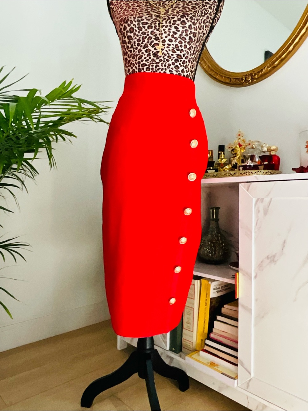 Red Gold Button Pencil Skirt - Picture 3 of 14